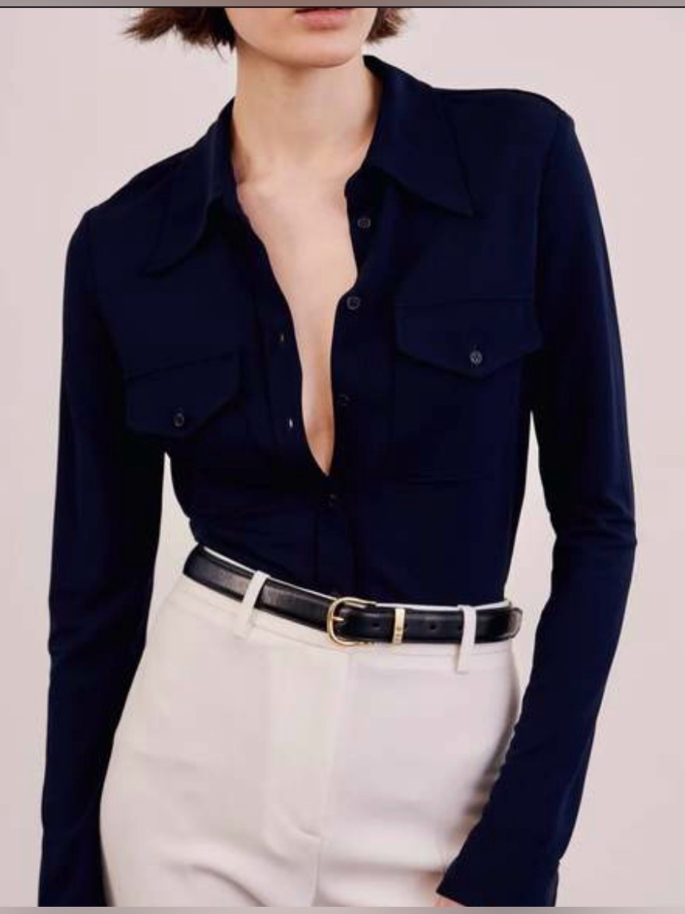 Nili Lotan Aveline Silk Shirt XS Navy Blue Utility Pocket Button Down | Luxury